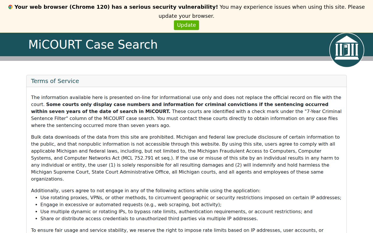 Osceola County case lookup MiCOURT public search access notice