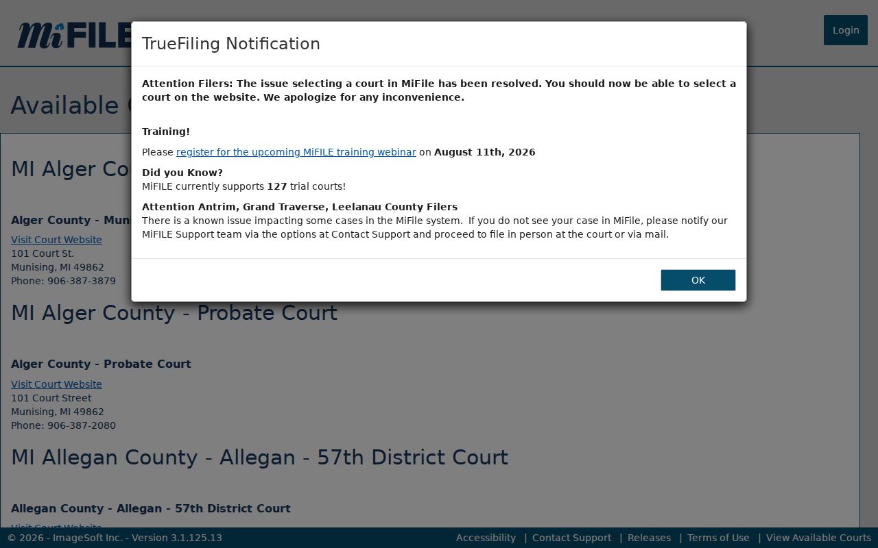 Osceola County case lookup MiFILE available-courts entry for 77th District