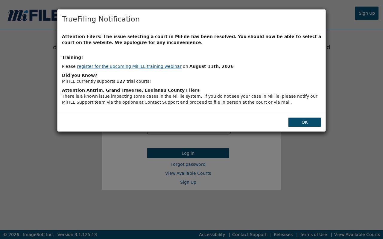 Osceola County civil docket MiFILE sign-in page