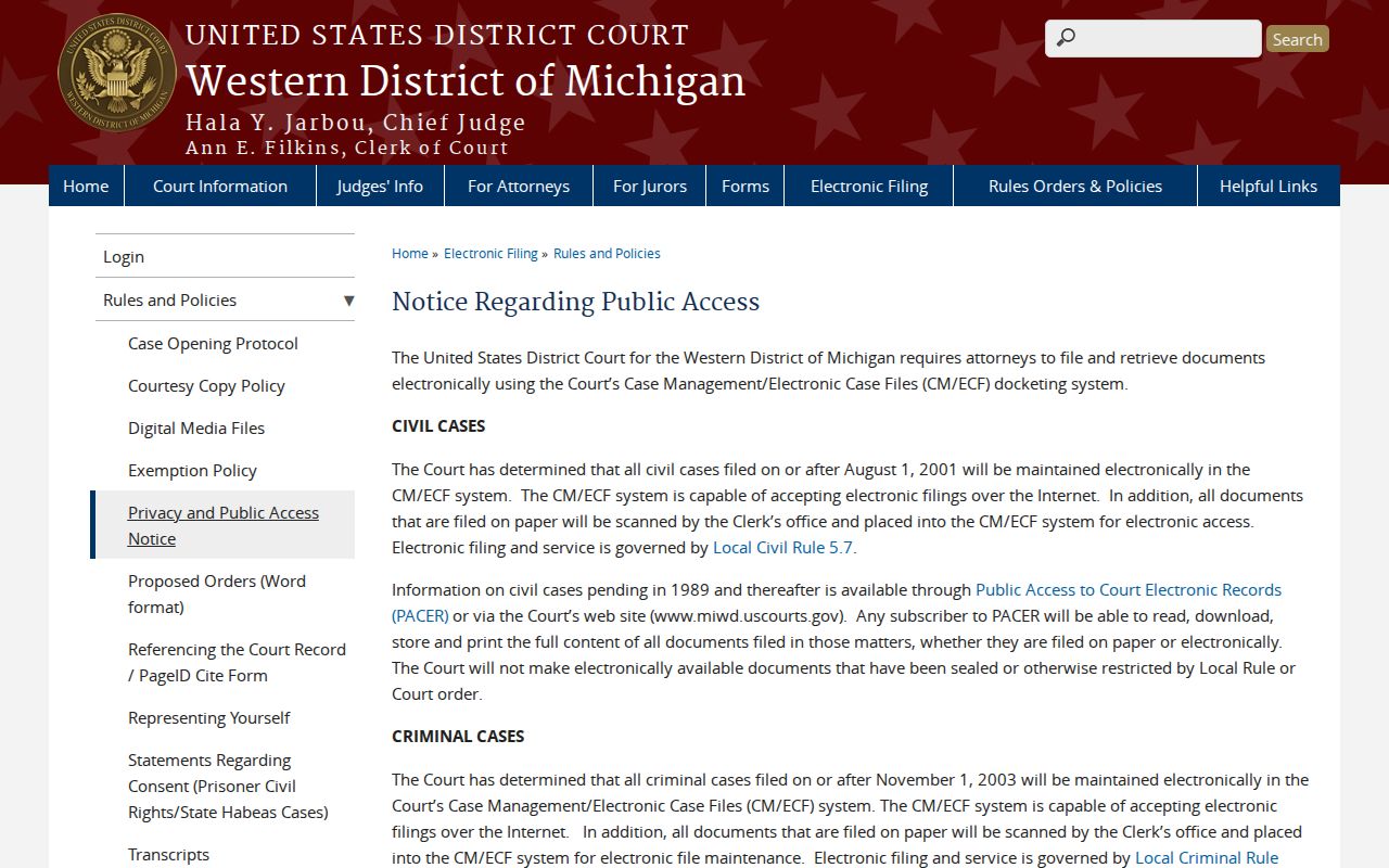 Osceola County court records Western District public access notice for PACER and CM ECF