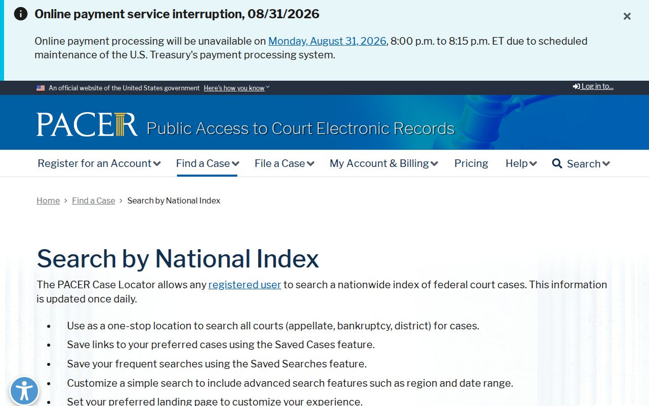 Osceola County court docket PACER National Case Locator entry page