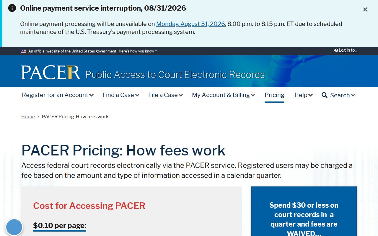 Osceola County court docket PACER record access pricing page