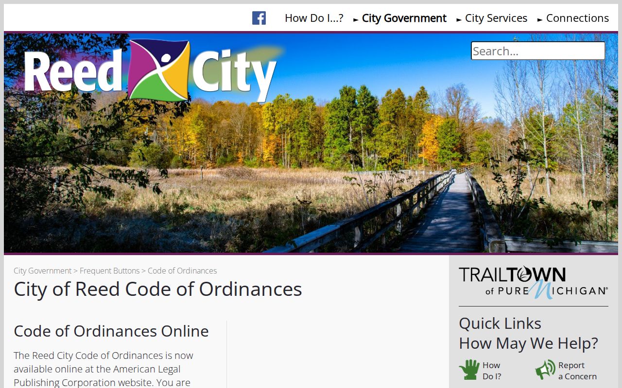 Reed City court docket research showing the official city ordinance access page